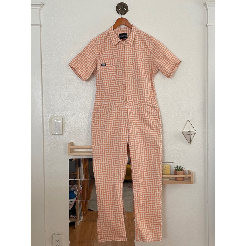 Wildfang Essential Short Sleeve Coverall Orange White Checkered Jumpsuit XL